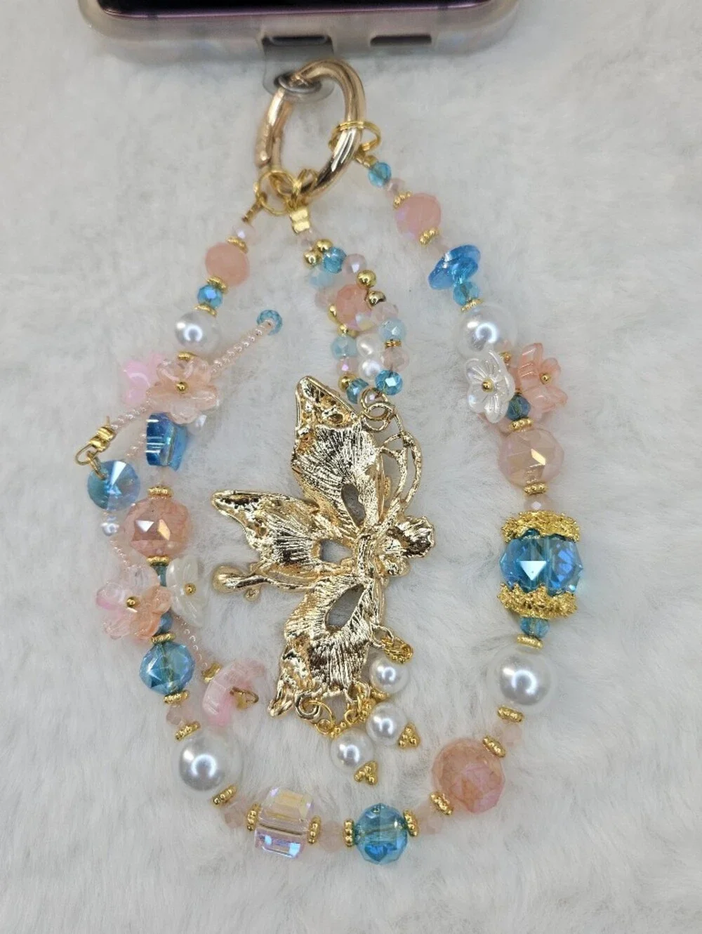 Gold Butterfly Phone Charm with Blue and Pink Beads